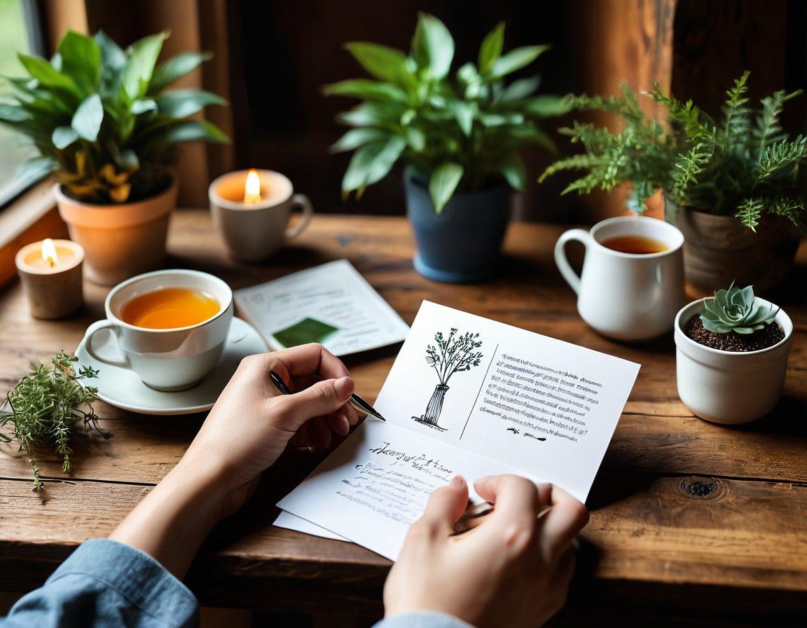A cozy scene featuring a beautifully designed emotional greeting card, adorned with heartfelt messages and vibrant illustrations, placed on a wooden table surrounded by personal items like a cup of tea and a small potted plant. Include human hands writing on another card, symbolizing connection and identity. The background softly blurred to evoke warmth and intimacy. super-realistic. vibrant colors. soft focus.