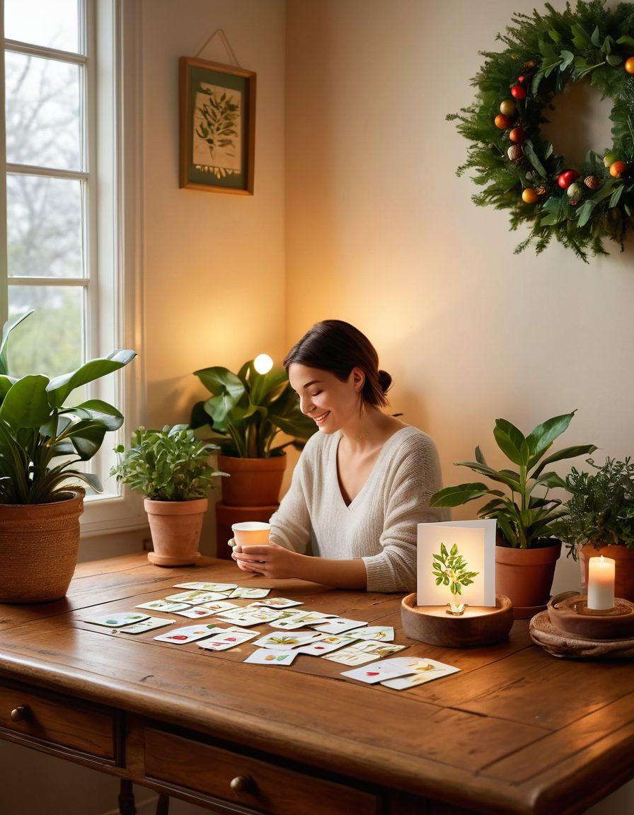 A heartwarming scene showcasing a variety of greeting cards displayed in a cozy, inviting room. Include a person holding a card with a thoughtful smile, surrounded by uplifting decorations that symbolize personal growth, like small plants and framed quotes. Incorporate soft, warm lighting to evoke a sense of comfort and hope. super-realistic. vibrant colors. cozy atmosphere.