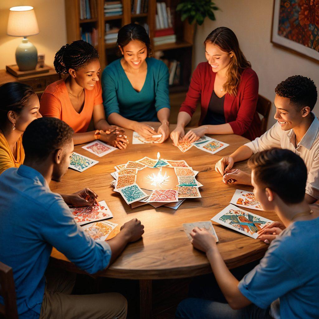 A cozy, inviting scene featuring a diverse group of individuals exchanging colorful, artistic greeting cards that reflect their emotions. The background should display a warm, soft-lit environment symbolizing connection and healing, with close-ups of the cards showcasing heartfelt messages and beautiful designs. Include elements that represent personal identity, such as symbols of various cultures and backgrounds intertwined with the cards. The overall vibe should be uplifting and inspiring, inviting viewers to explore the emotional impact of their own card exchanges. vibrant colors. soft focus.